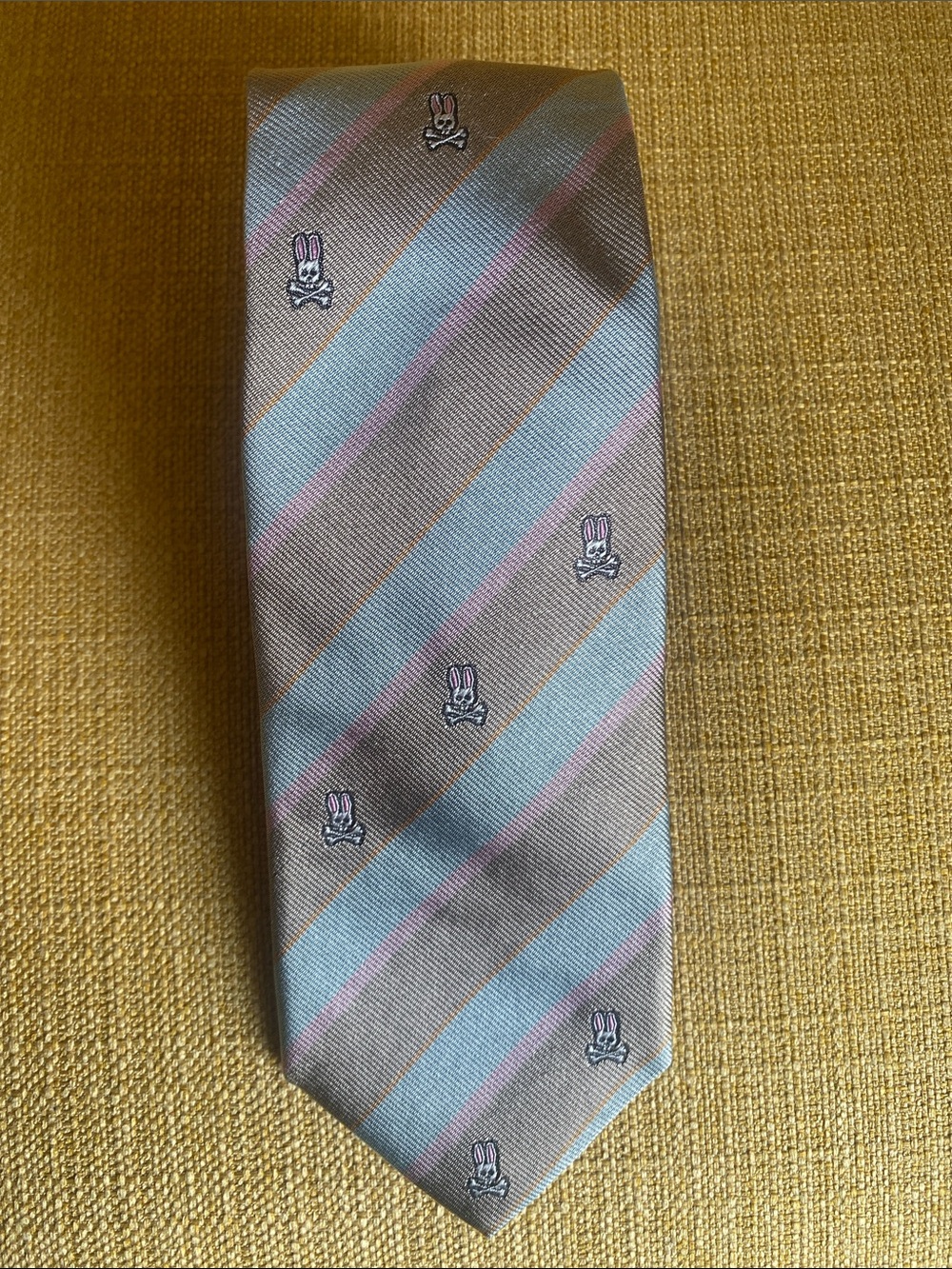 Psycho Bunny Striped Skull and Crossbones Silk Tie Gray & Pink